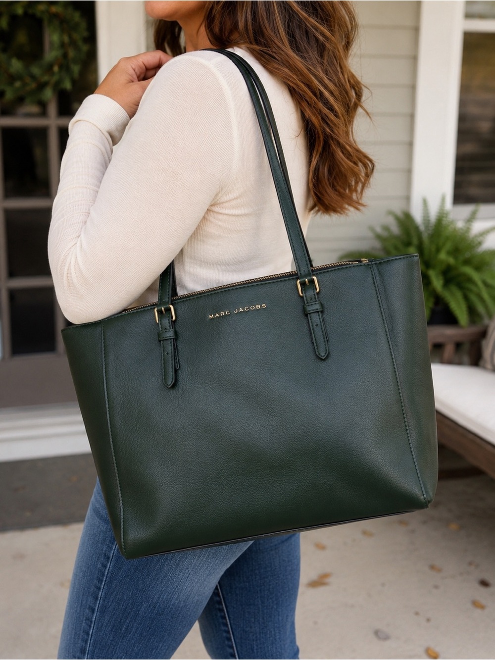 Marc Jacobs Commuter Tote Leather Shoulder Bag Forest Green Zip Work Laptop